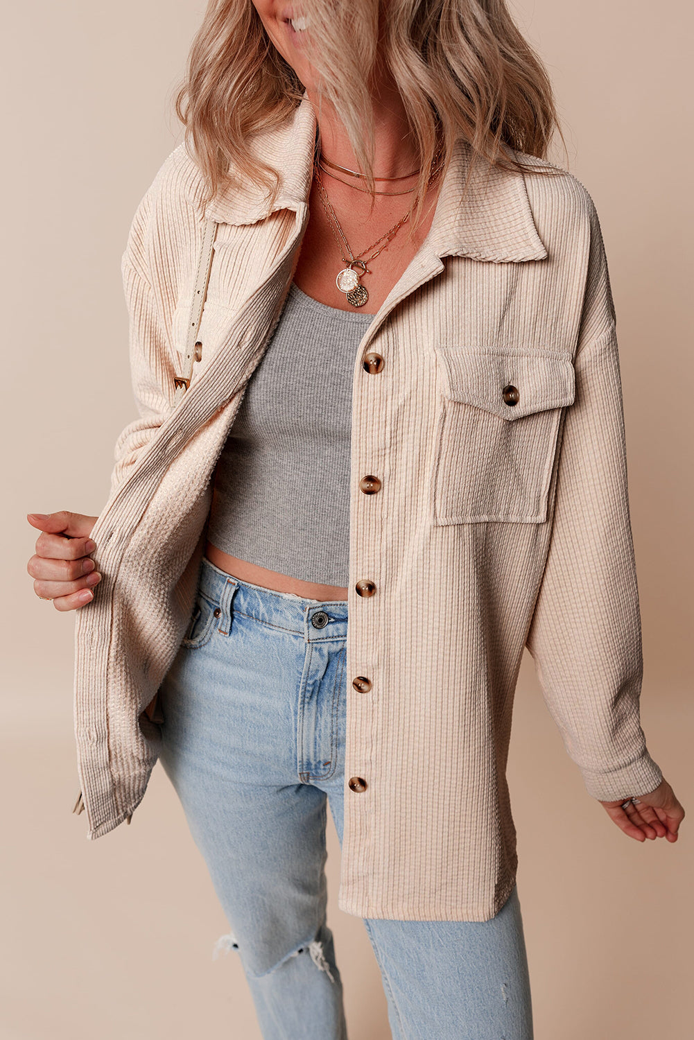 Light Pink Corduroy Flap Pocket Button Up Shacket