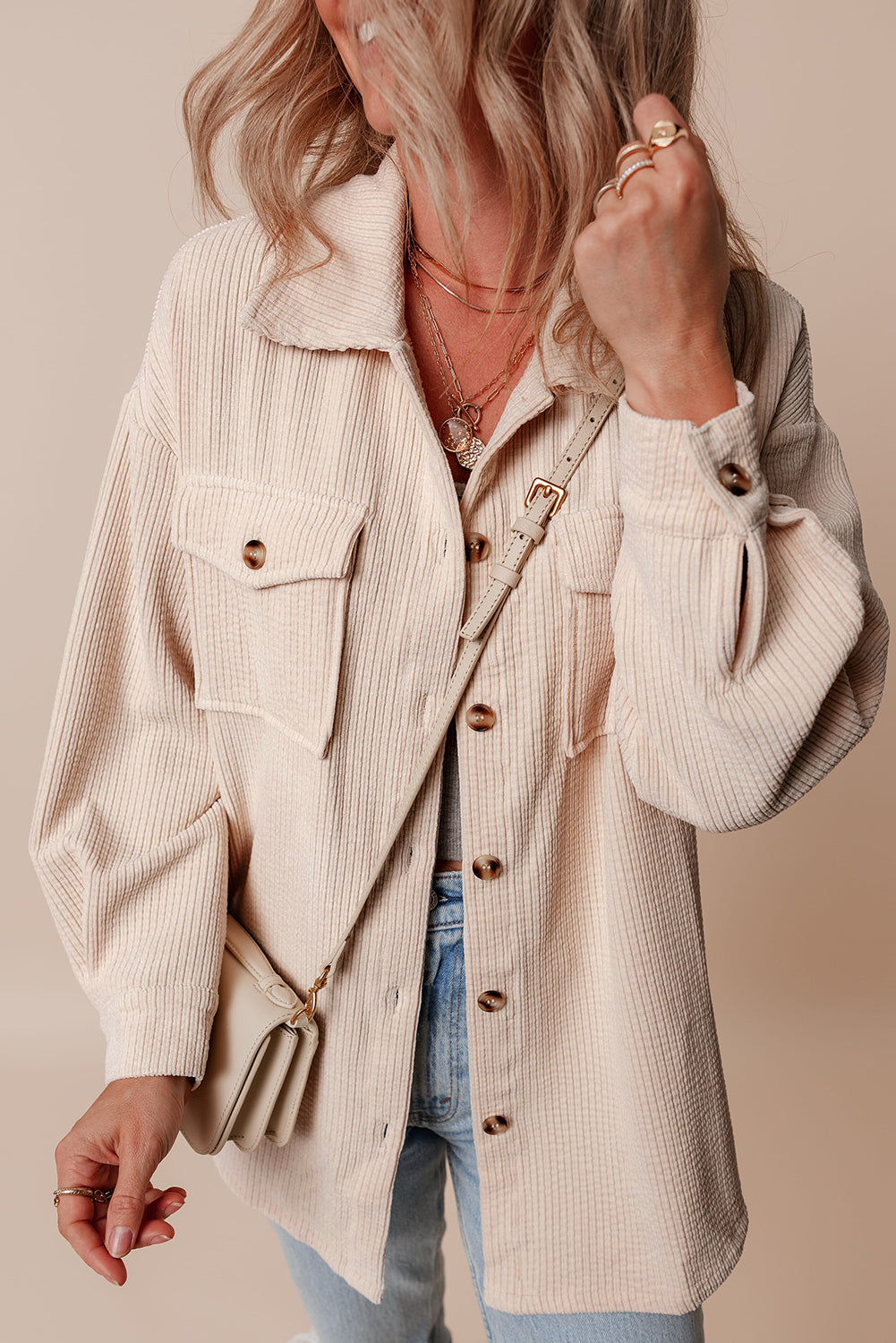 Light Pink Corduroy Flap Pocket Button Up Shacket