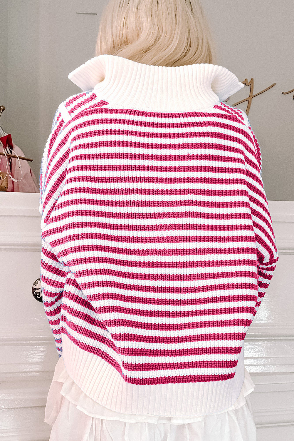 Sky Blue Stripe Zip up Collar Drop Shoulder Sweater