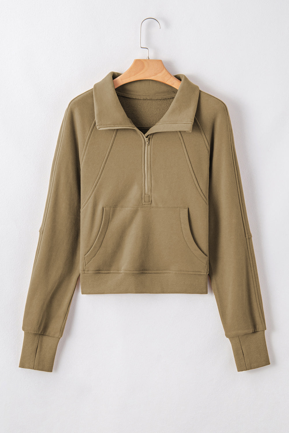 Smoke Green Fleece Lined Zip Up Stand Collar Thumbhole Sleeve Sweatshirt
