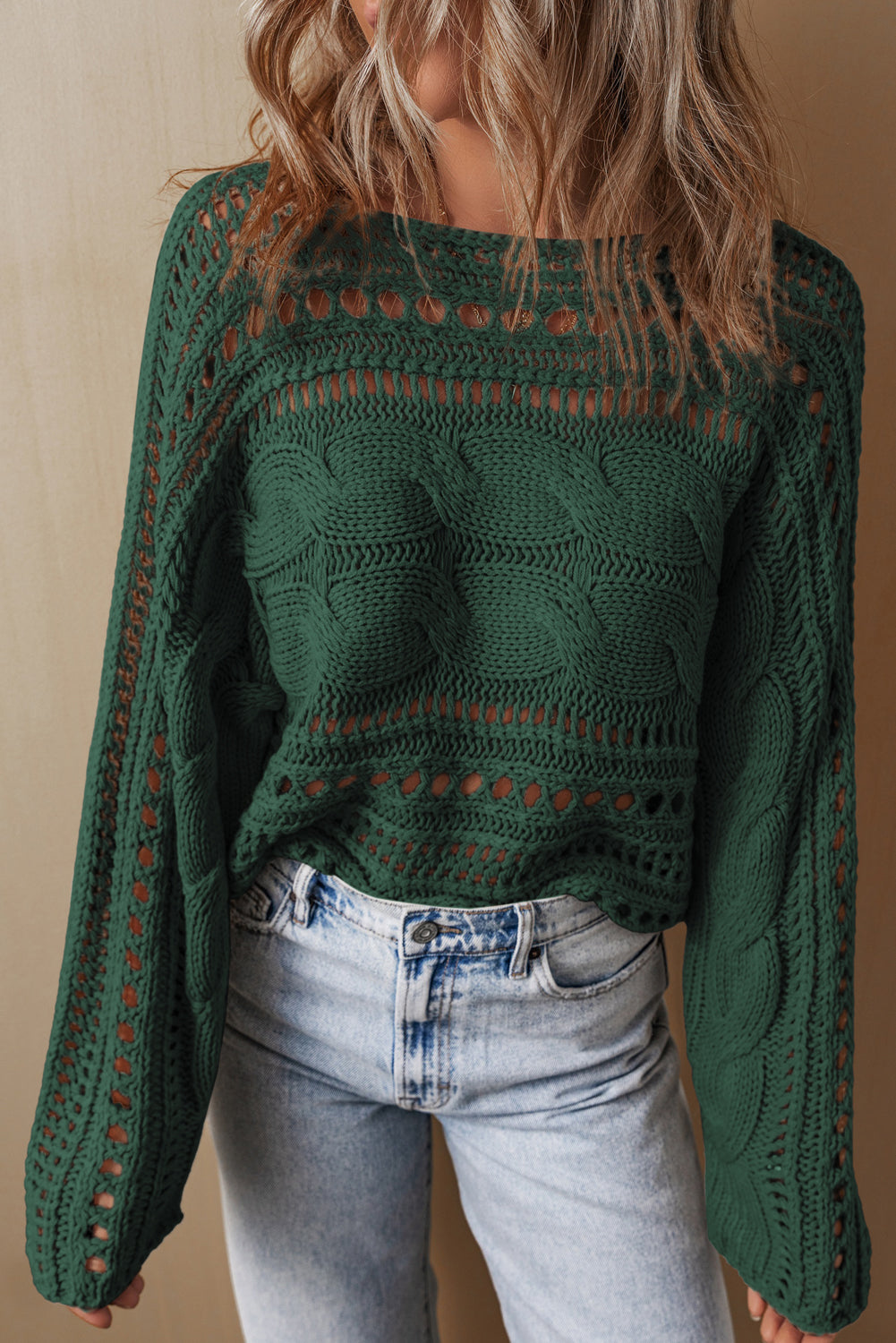 Black Hollow-out Cable Knit Cropped Sweater