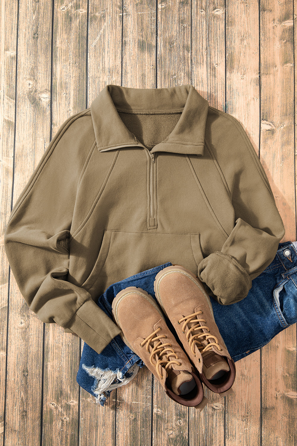 Smoke Green Fleece Lined Zip Up Stand Collar Thumbhole Sleeve Sweatshirt