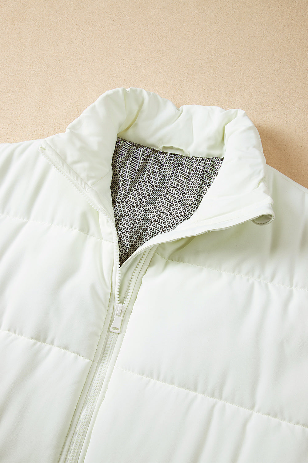 Beige Zipper Stand Neck Oversized Puffer Vest