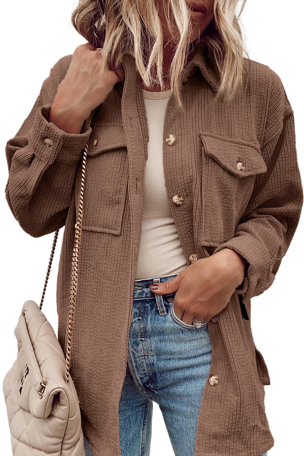 Light Pink Corduroy Flap Pocket Button Up Shacket