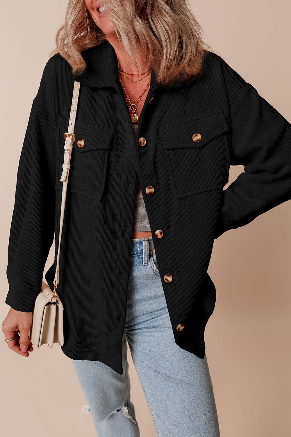 Light Pink Corduroy Flap Pocket Button Up Shacket