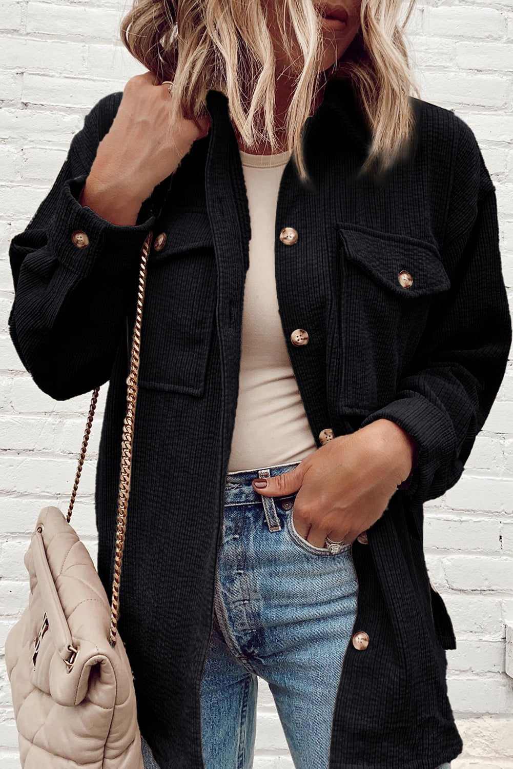 Light Pink Corduroy Flap Pocket Button Up Shacket