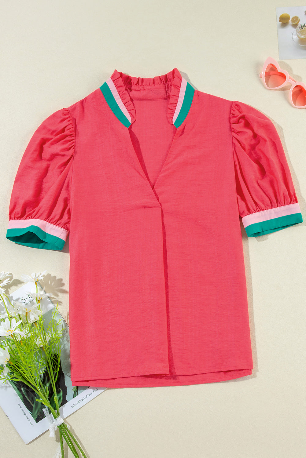 Bright Green Colorful Trim V Neck Short Sleeve Blouse