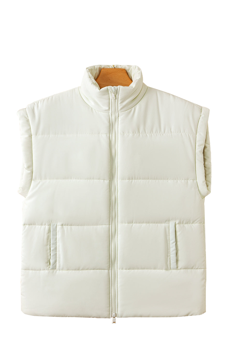 Beige Zipper Stand Neck Oversized Puffer Vest