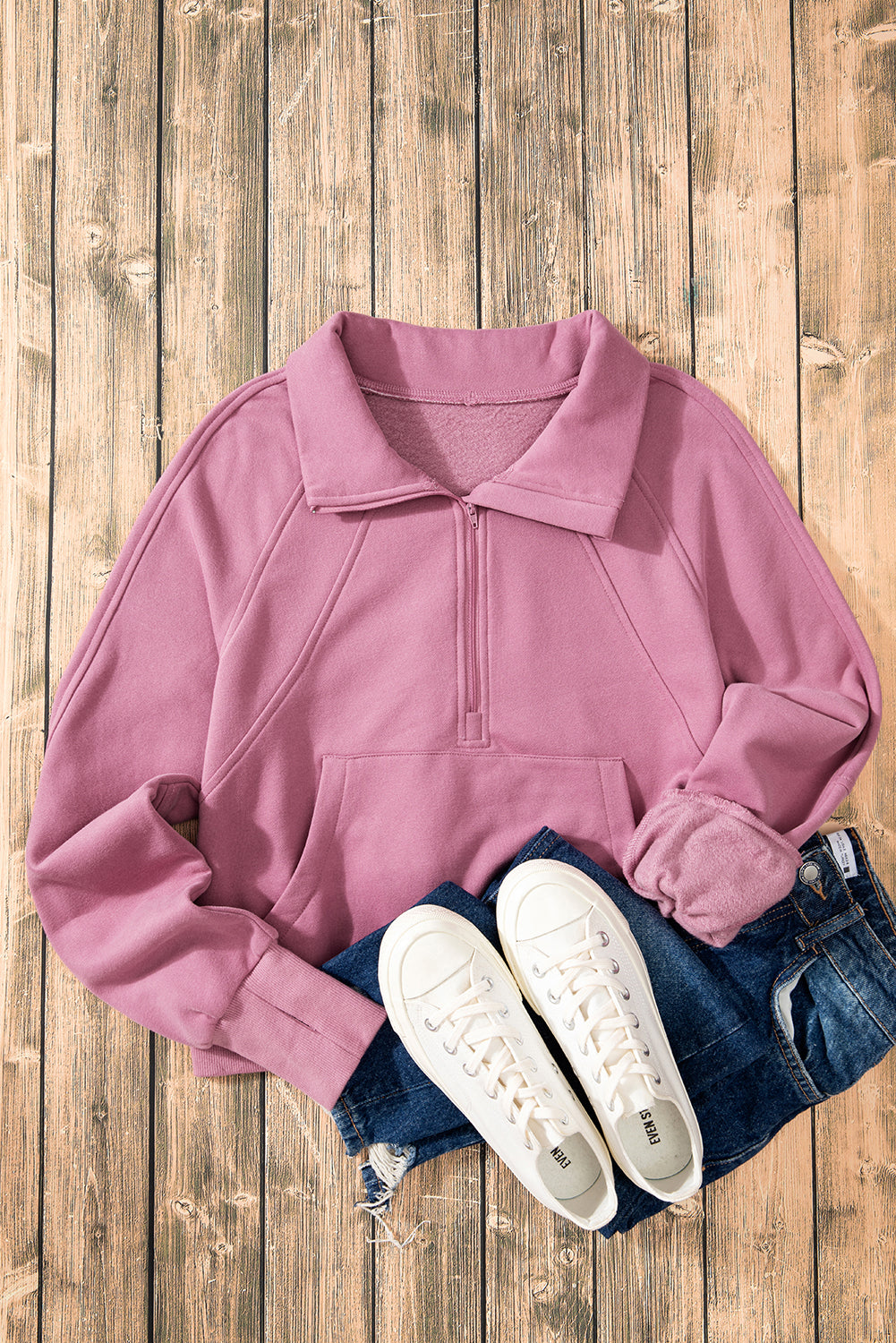 Smoke Green Fleece Lined Zip Up Stand Collar Thumbhole Sleeve Sweatshirt