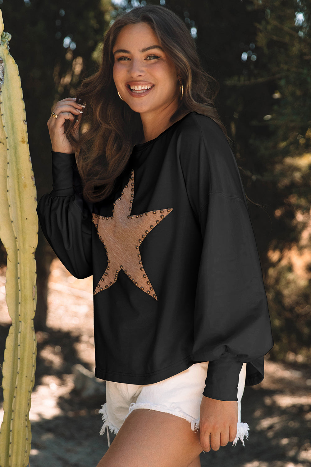 Gossamer Pink Studded Star Graphic Oversized Long Sleeve Top