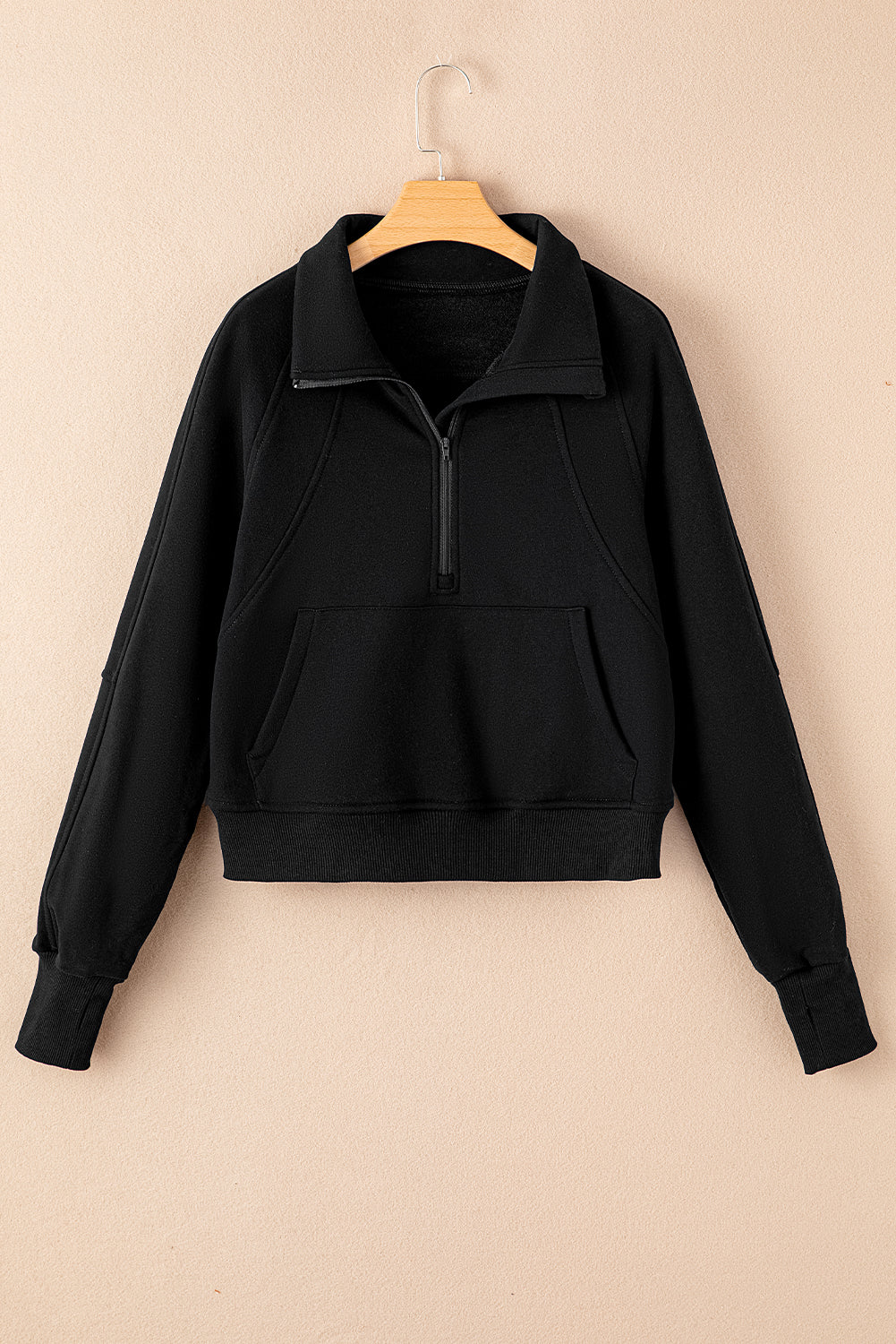 Smoke Green Fleece Lined Zip Up Stand Collar Thumbhole Sleeve Sweatshirt
