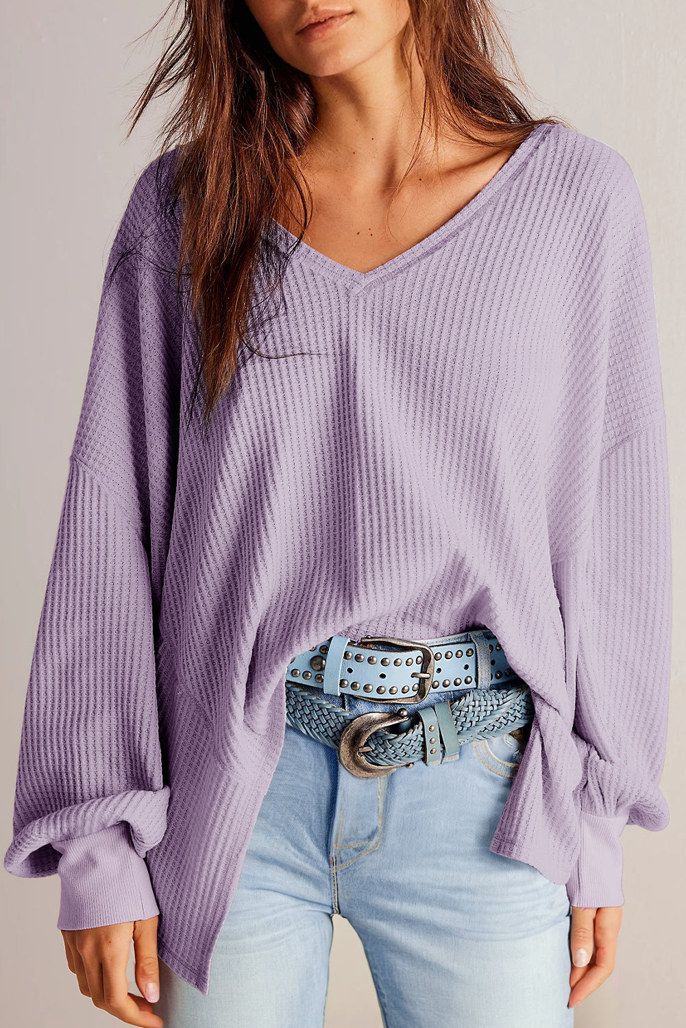 Bright Pink Waffle V Neck Long Sleeve Drop Shoulder Loose Blouse
