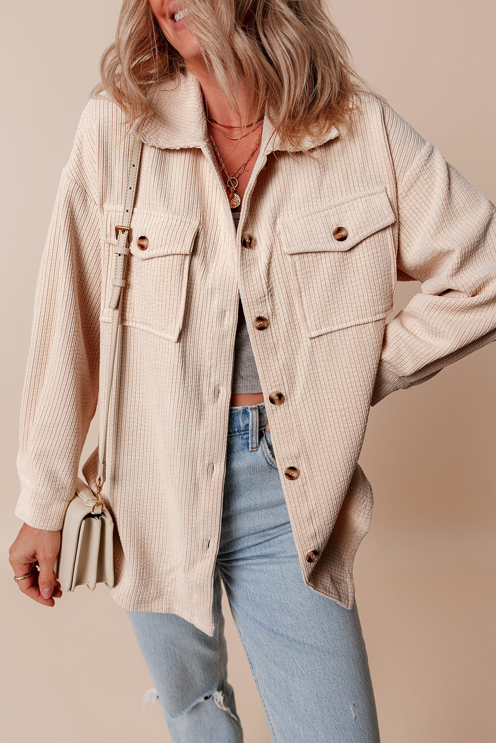 Light Pink Corduroy Flap Pocket Button Up Shacket