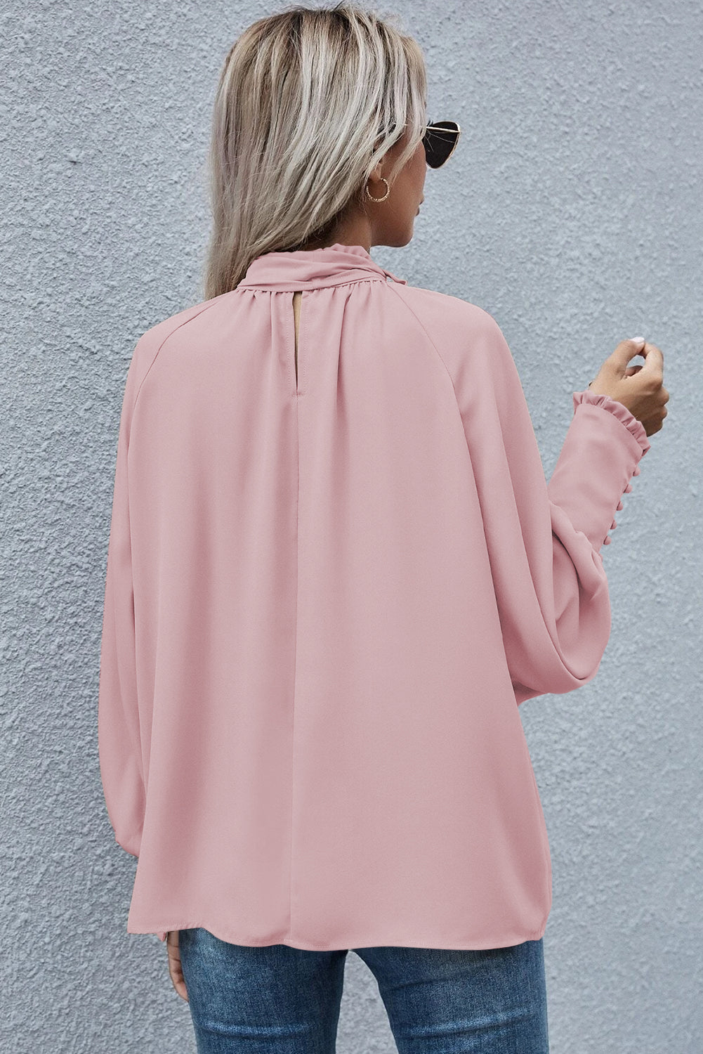 Pink Frilled Knotted Mock Neck Bishop Sleeve Blouse