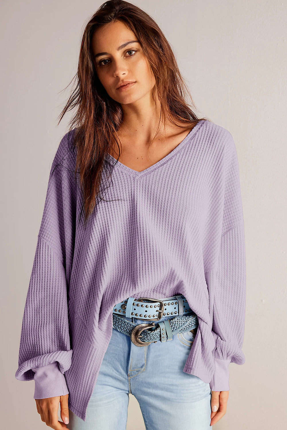 Bright Pink Waffle V Neck Long Sleeve Drop Shoulder Loose Blouse