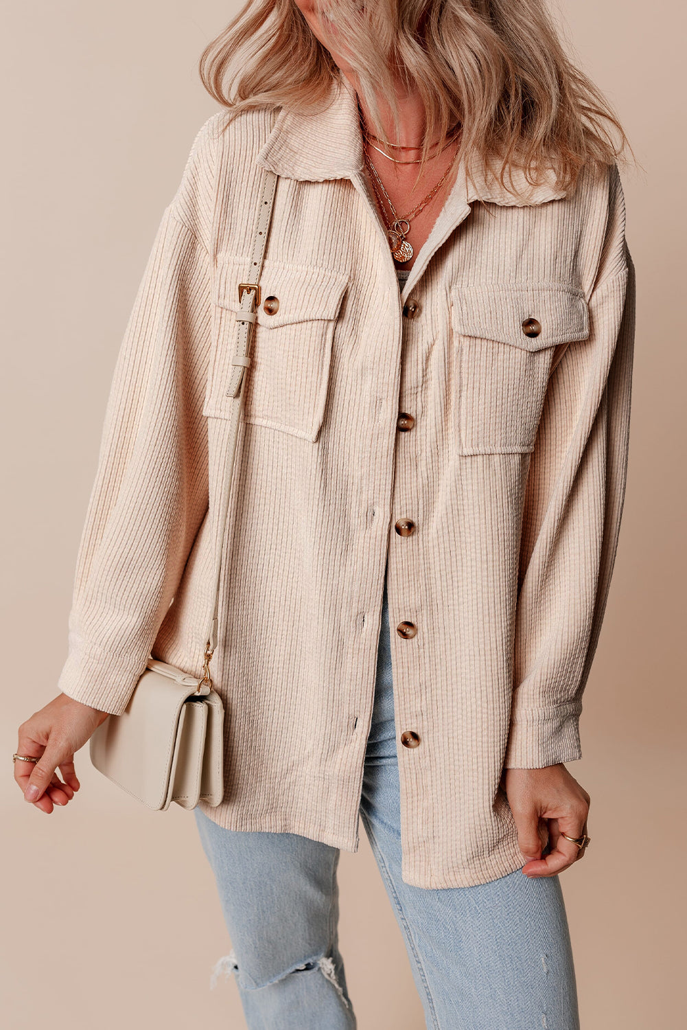 Light Pink Corduroy Flap Pocket Button Up Shacket