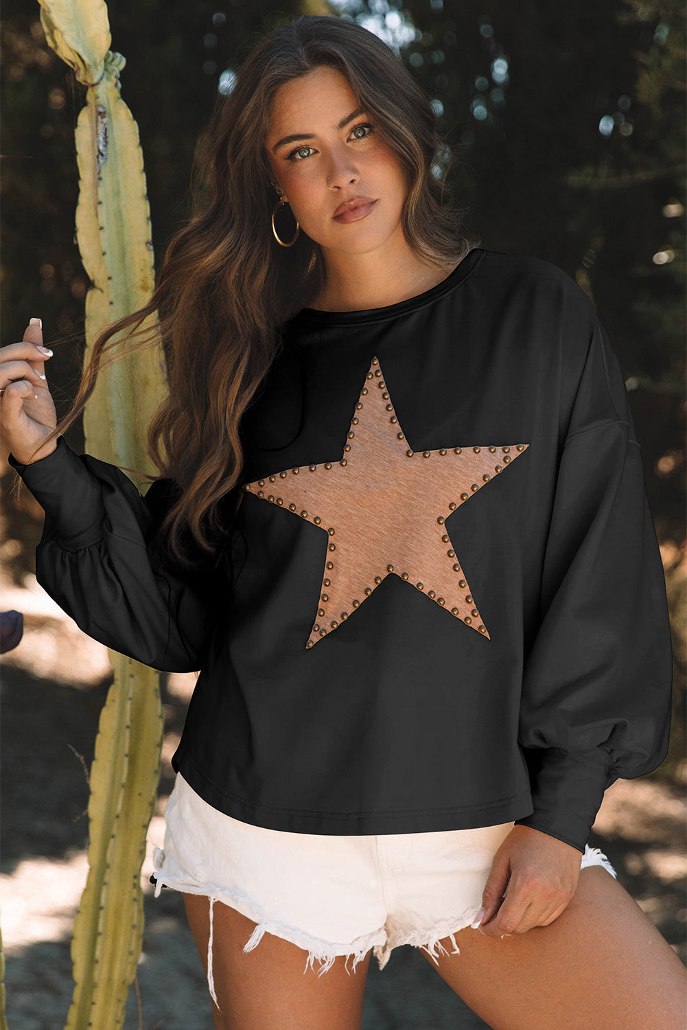 Gossamer Pink Studded Star Graphic Oversized Long Sleeve Top