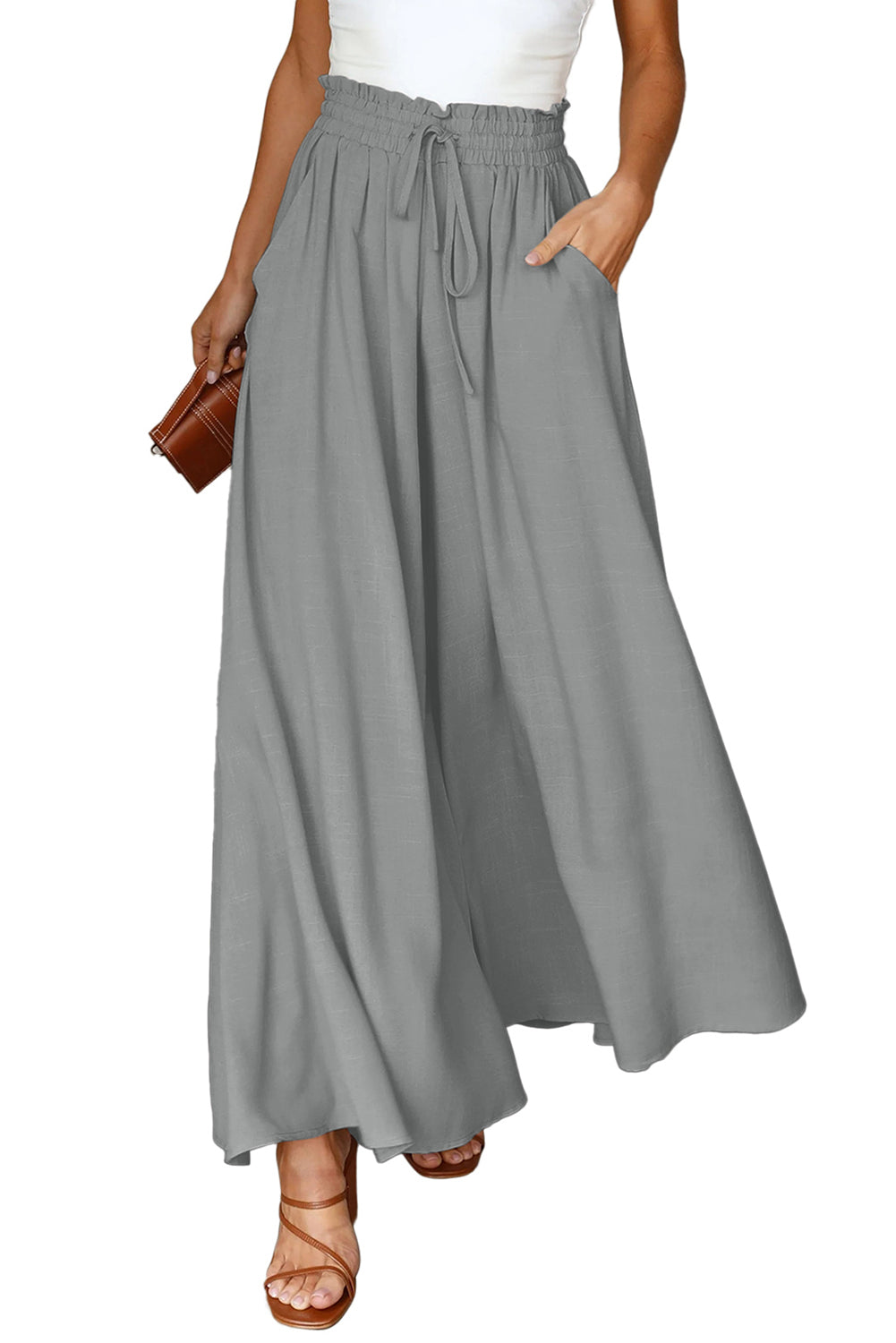 Gray Drawstring Smocked High Waist Wide Leg Pants