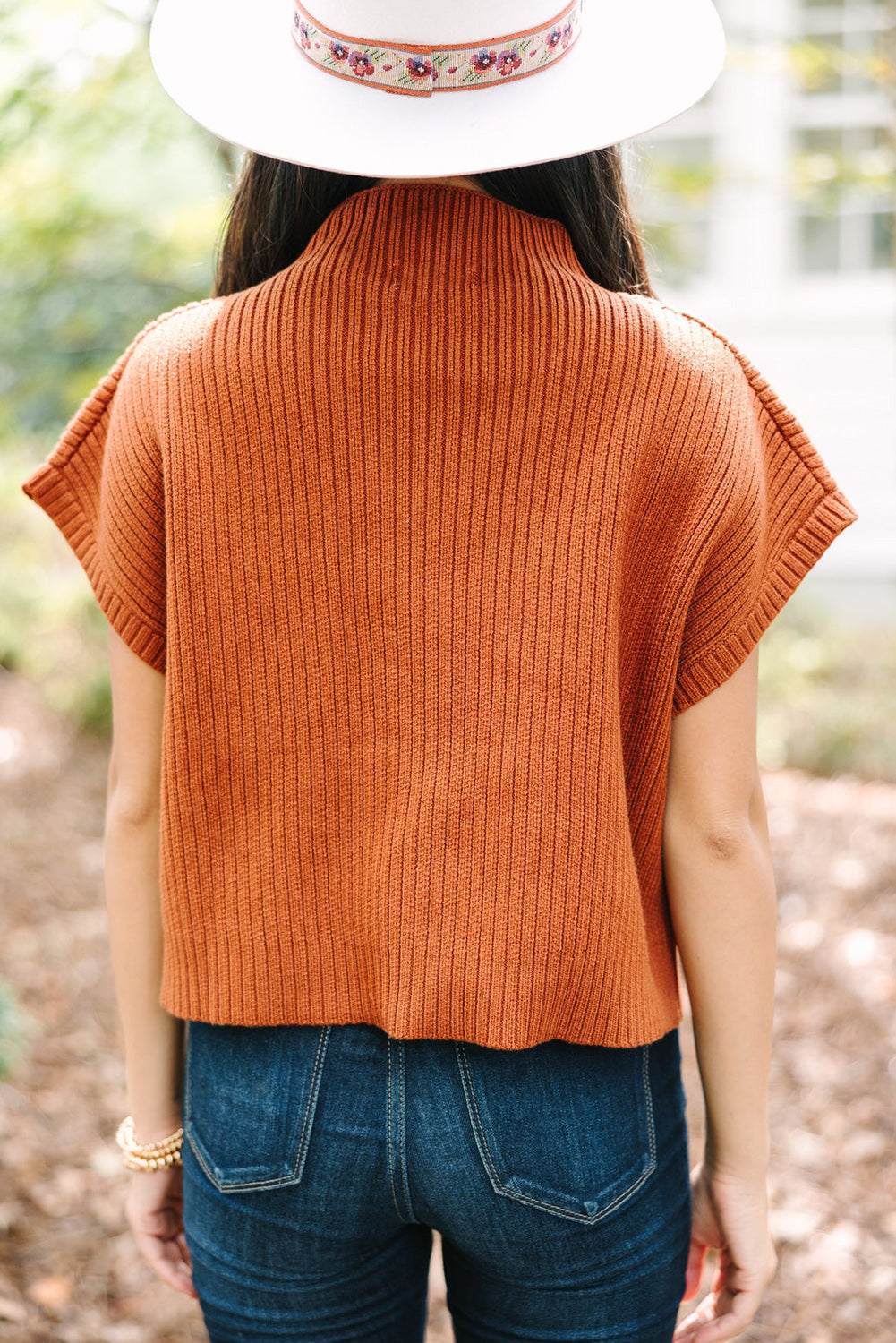 Rose Red Patch Pocket Ribbed Knit Short Sleeve Sweater