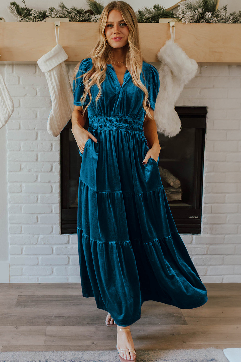 Chestnut Velvet Short Sleeve Shirred Waist Tiered Maxi Dress