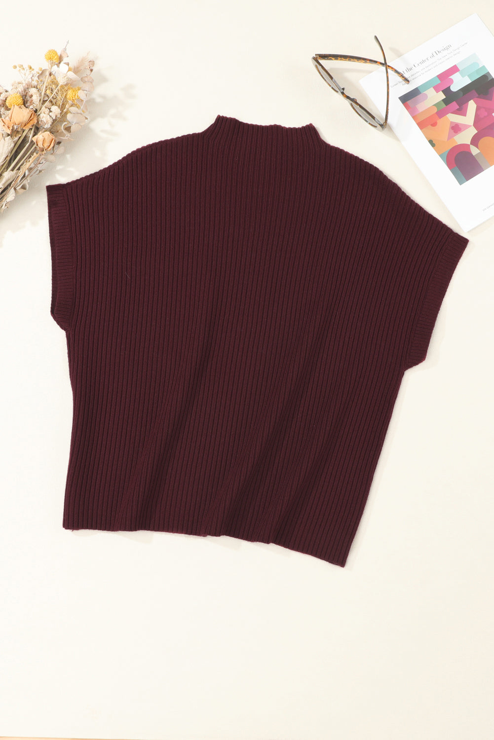 Rose Red Patch Pocket Ribbed Knit Short Sleeve Sweater