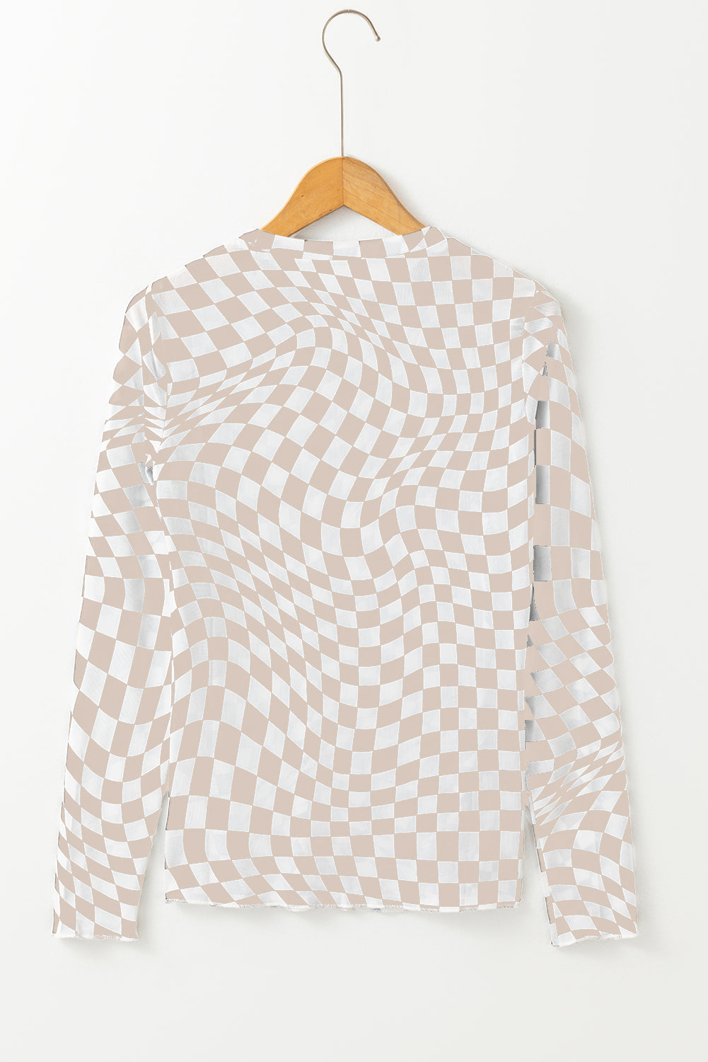 Black Checkered Pattern Mesh Mock Neck Long Sleeve Top