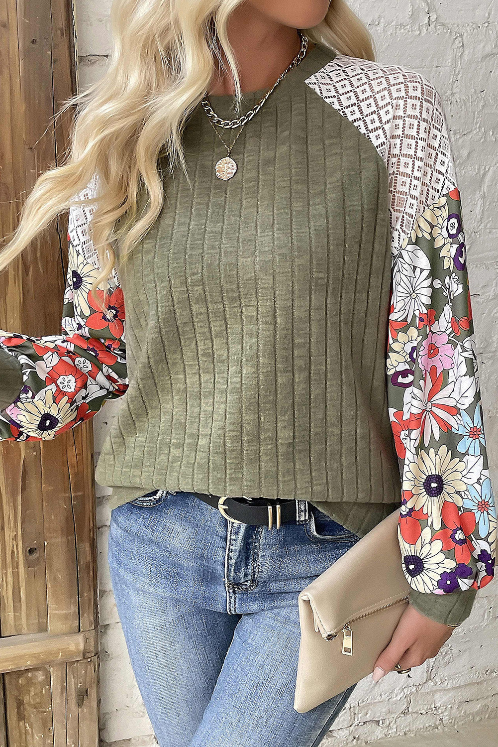 Cinnamon Floral Patchwork Long Sleeve Ribbed Blouse