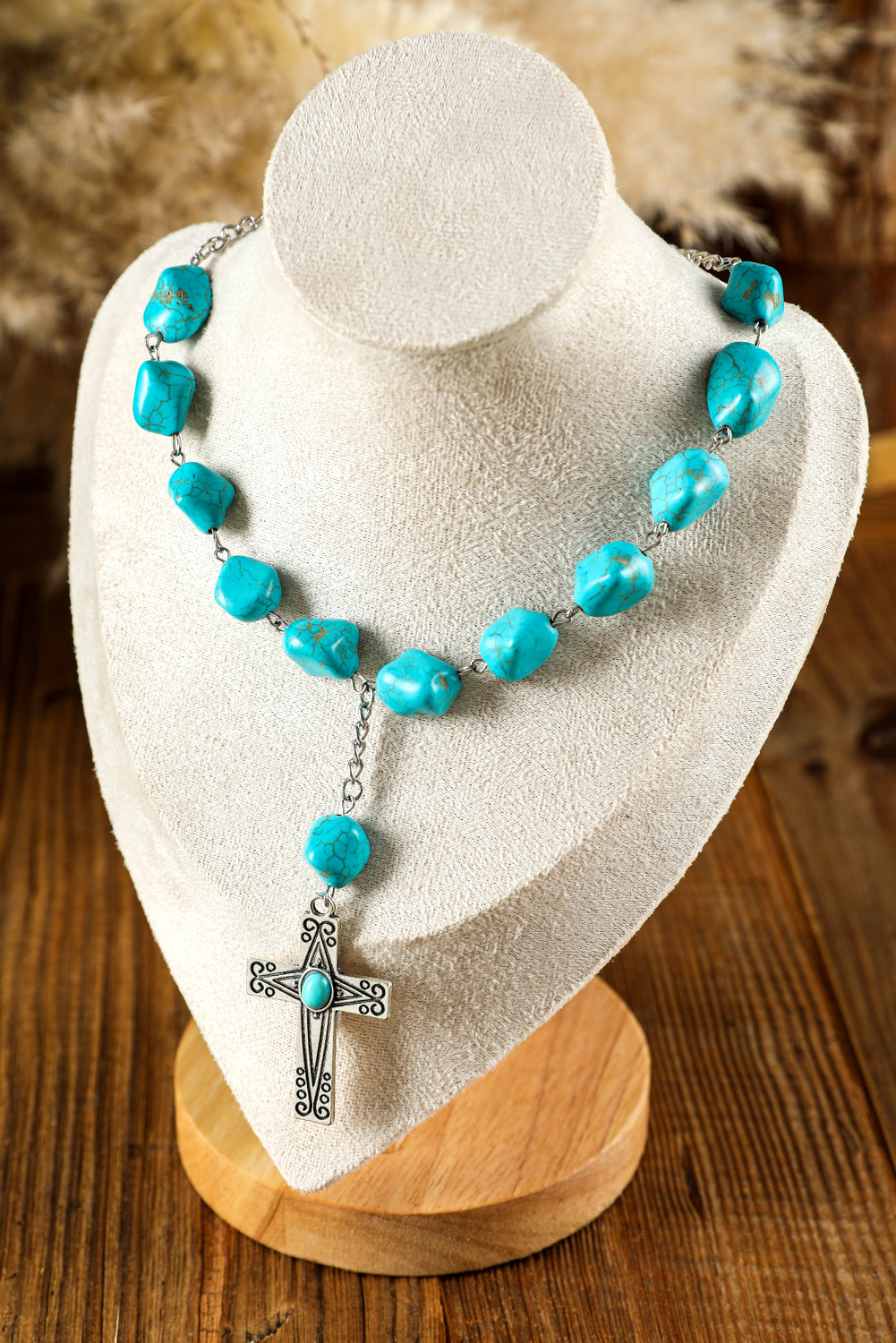 Peacock Blue Turquoise Cross Pendant Necklace