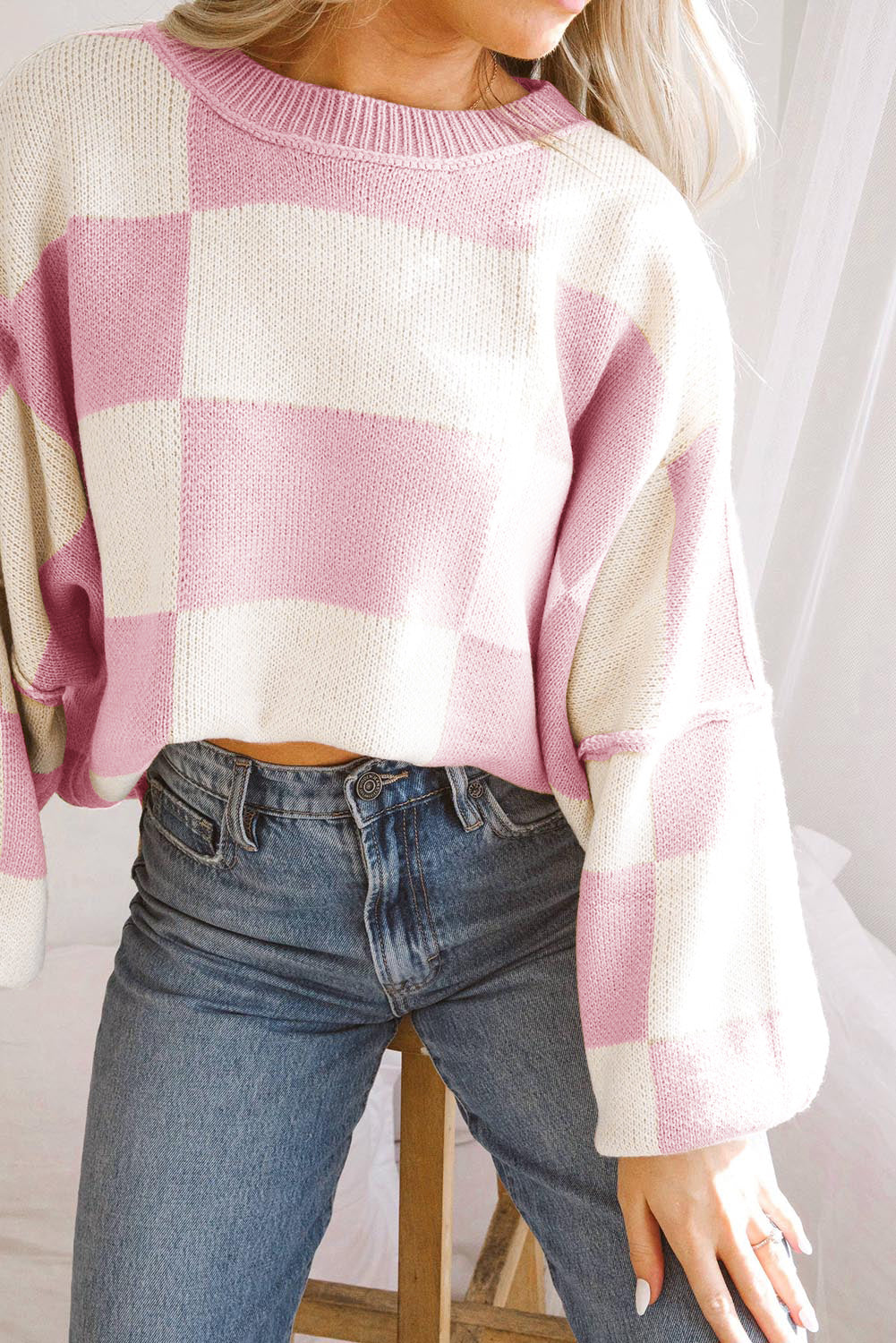 Gray Checkered Bishop Sleeve Sweater