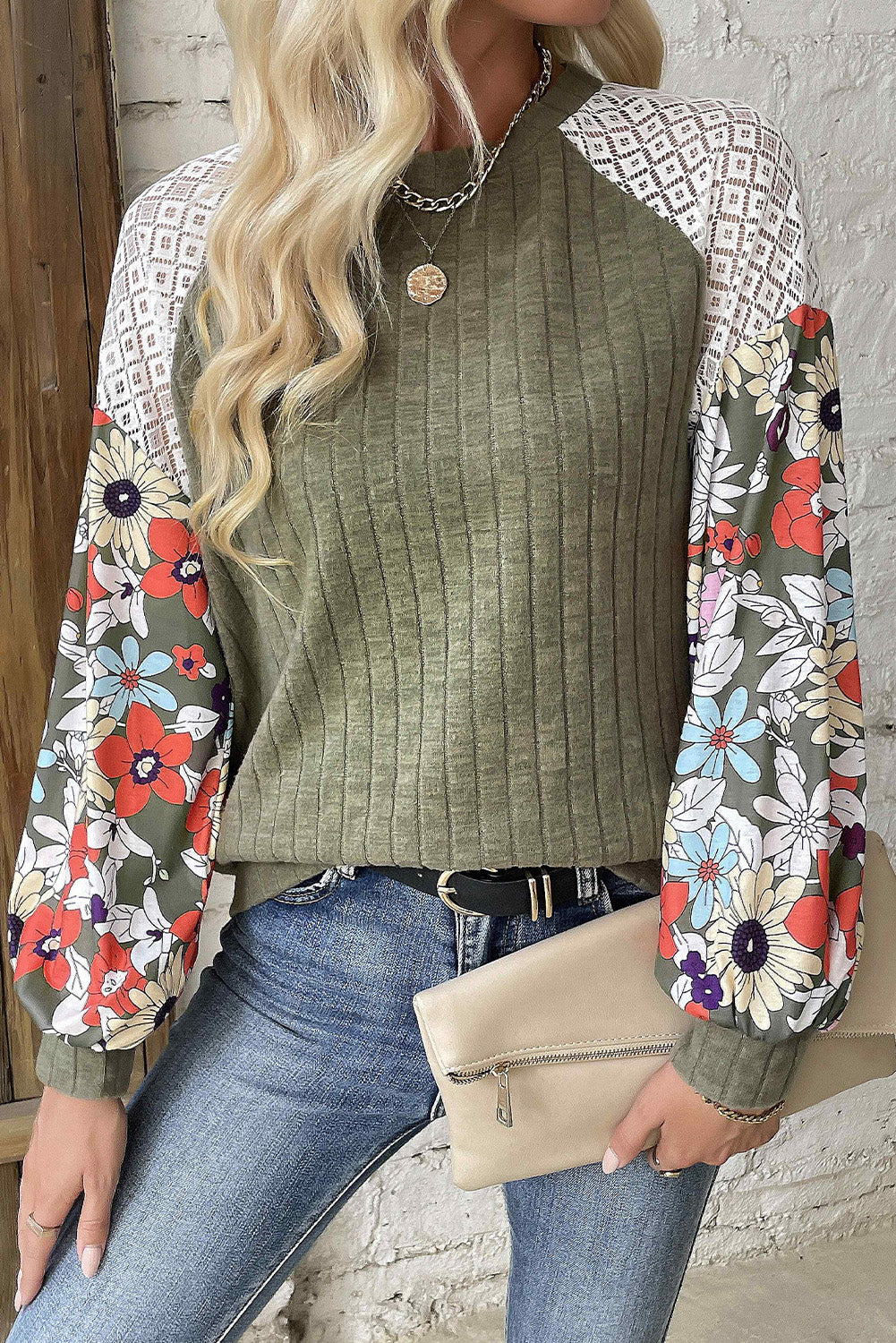 Cinnamon Floral Patchwork Long Sleeve Ribbed Blouse