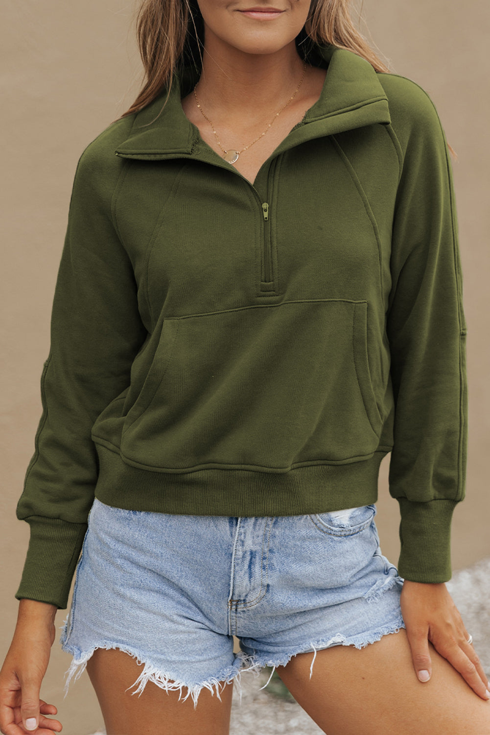 Smoke Green Fleece Lined Zip Up Stand Collar Thumbhole Sleeve Sweatshirt