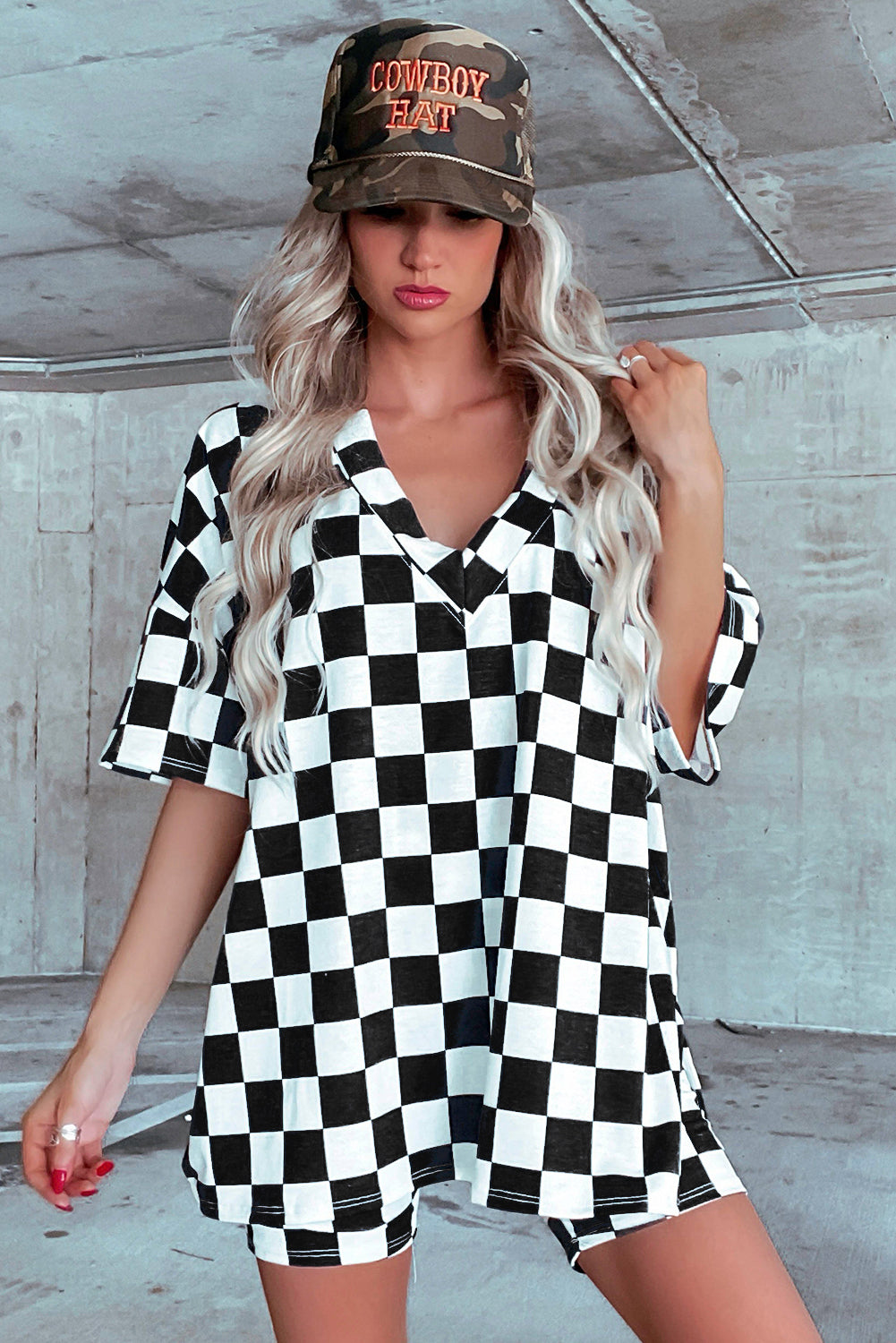 Orange Checkerboard Print V Neck Loose Tee and Shorts Lounge Set