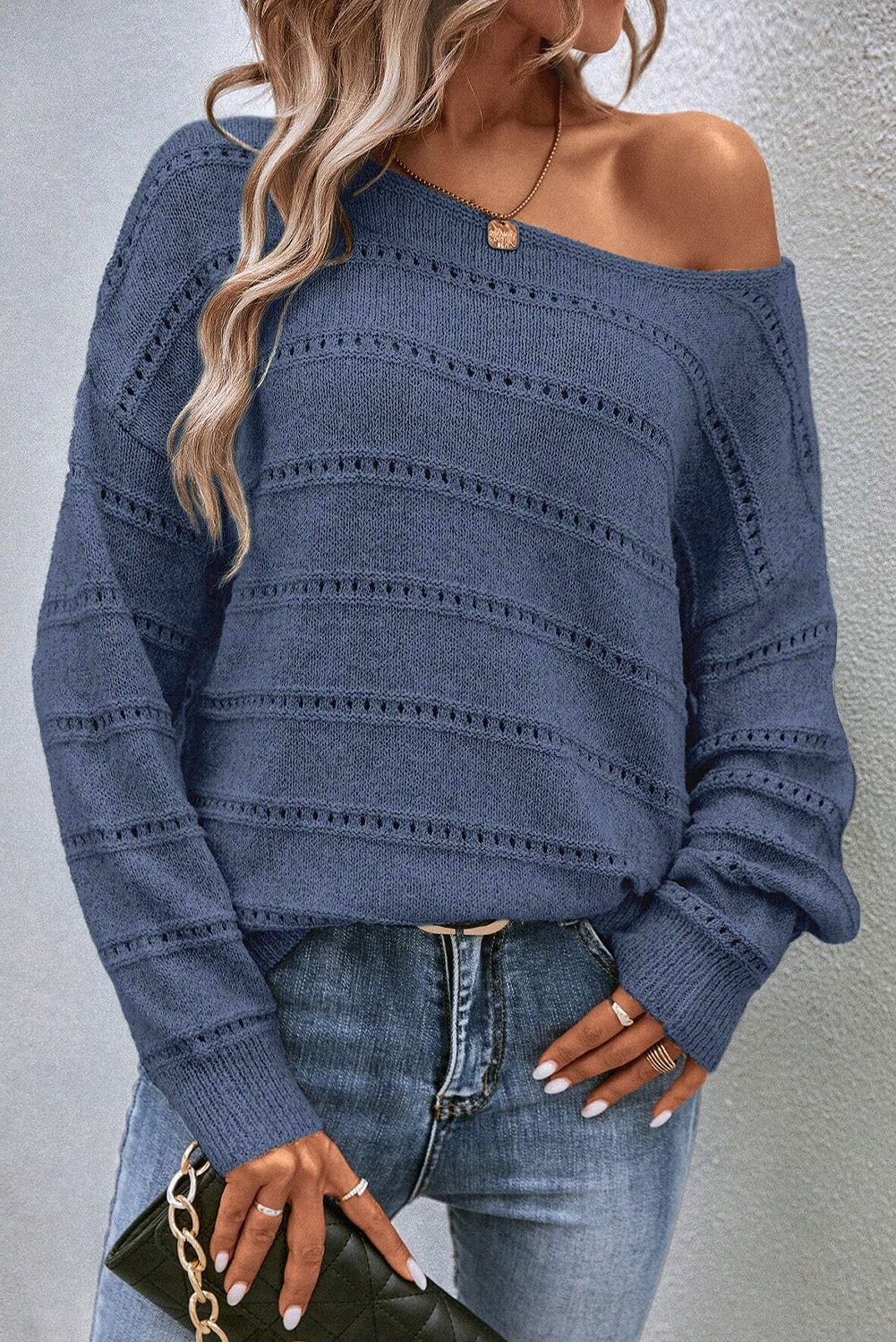 Light Grey Boat Neck Drop Shoulder Pointelle Knit Sweater