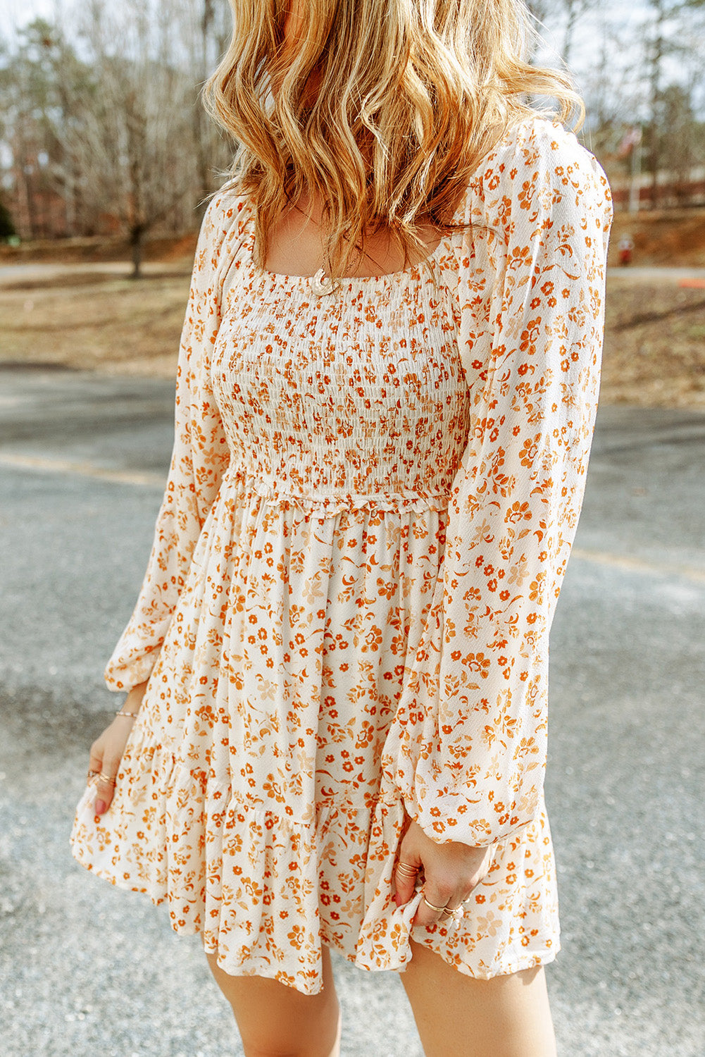 Light Blue Boho Floral Smocked Puff Sleeve Mini Dress