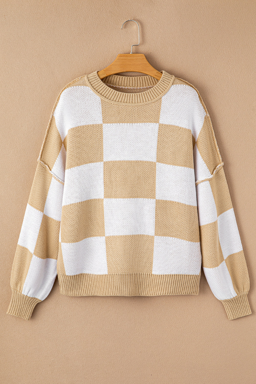 Gray Checkered Bishop Sleeve Sweater