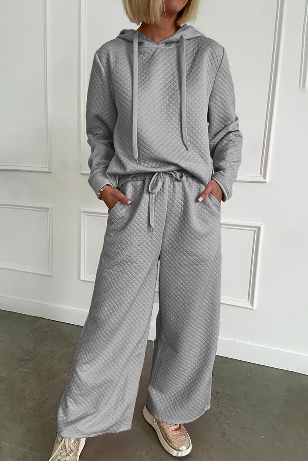 Gray Solid Color Drawstring Hoodie and Wide Leg Pants Set