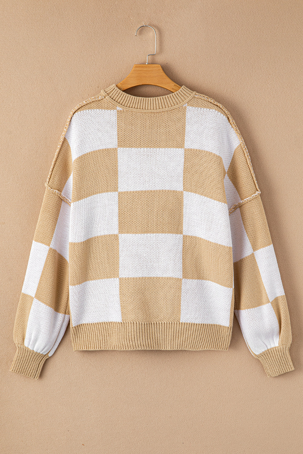 Gray Checkered Bishop Sleeve Sweater