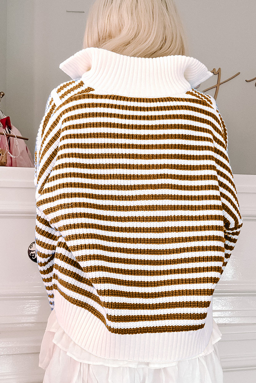Sky Blue Stripe Zip up Collar Drop Shoulder Sweater