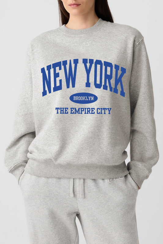 Gray NEW YORK Letter Printed Round Neck Pullover Sweatshirt