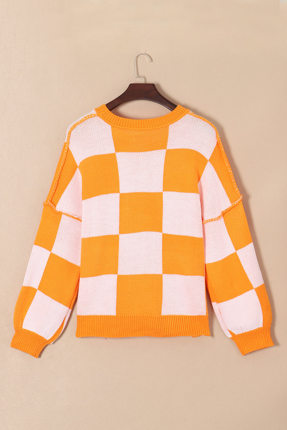 Gray Checkered Bishop Sleeve Sweater