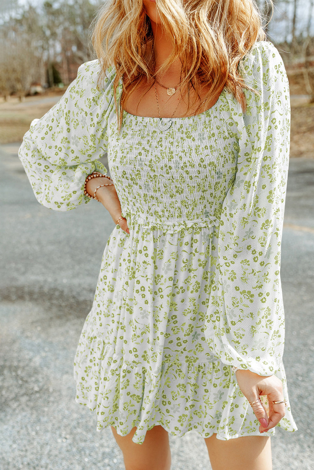 Light Blue Boho Floral Smocked Puff Sleeve Mini Dress