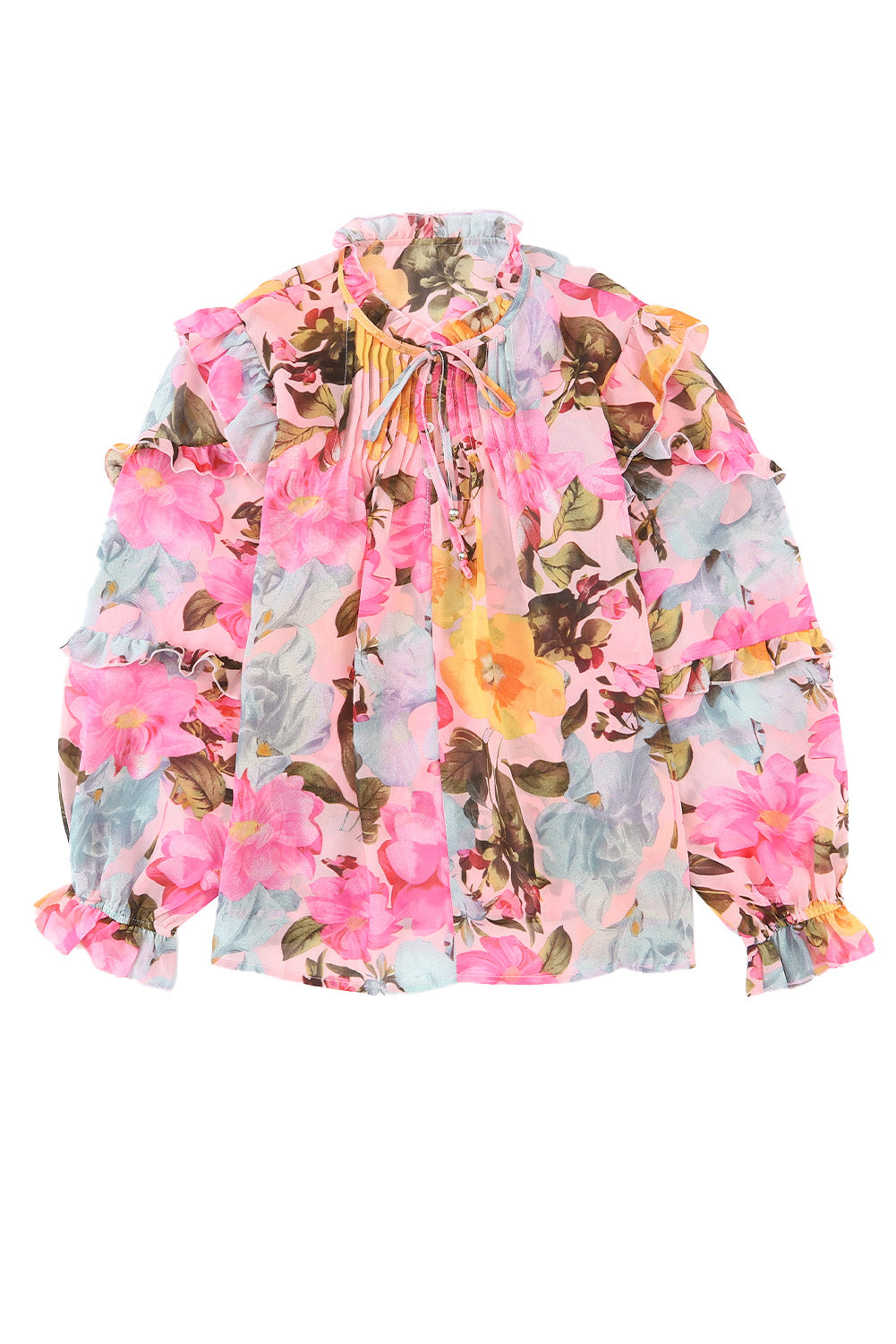 Pink Floral Print Tiered Ruffled Long Sleeve Blouse