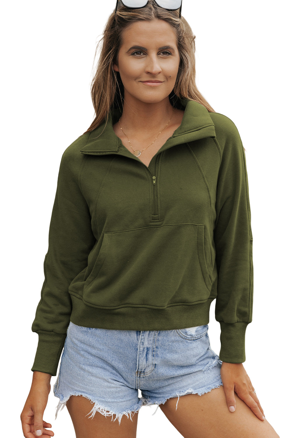 Smoke Green Fleece Lined Zip Up Stand Collar Thumbhole Sleeve Sweatshirt