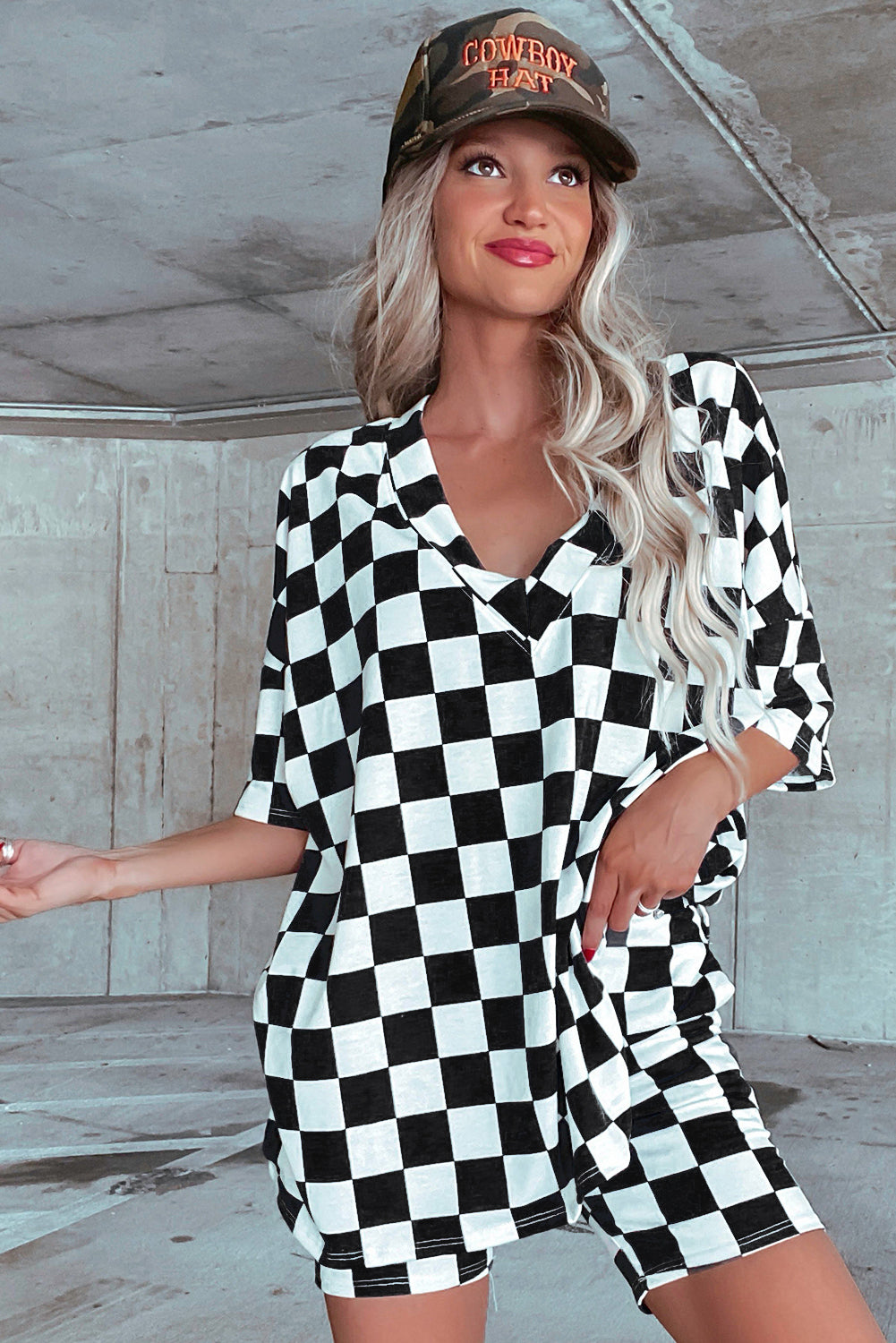 Orange Checkerboard Print V Neck Loose Tee and Shorts Lounge Set