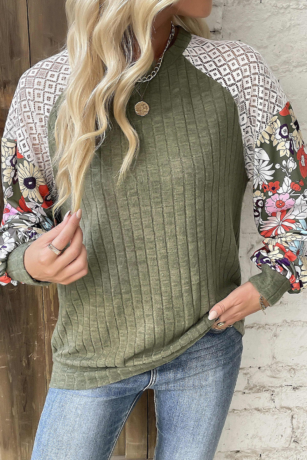 Cinnamon Floral Patchwork Long Sleeve Ribbed Blouse