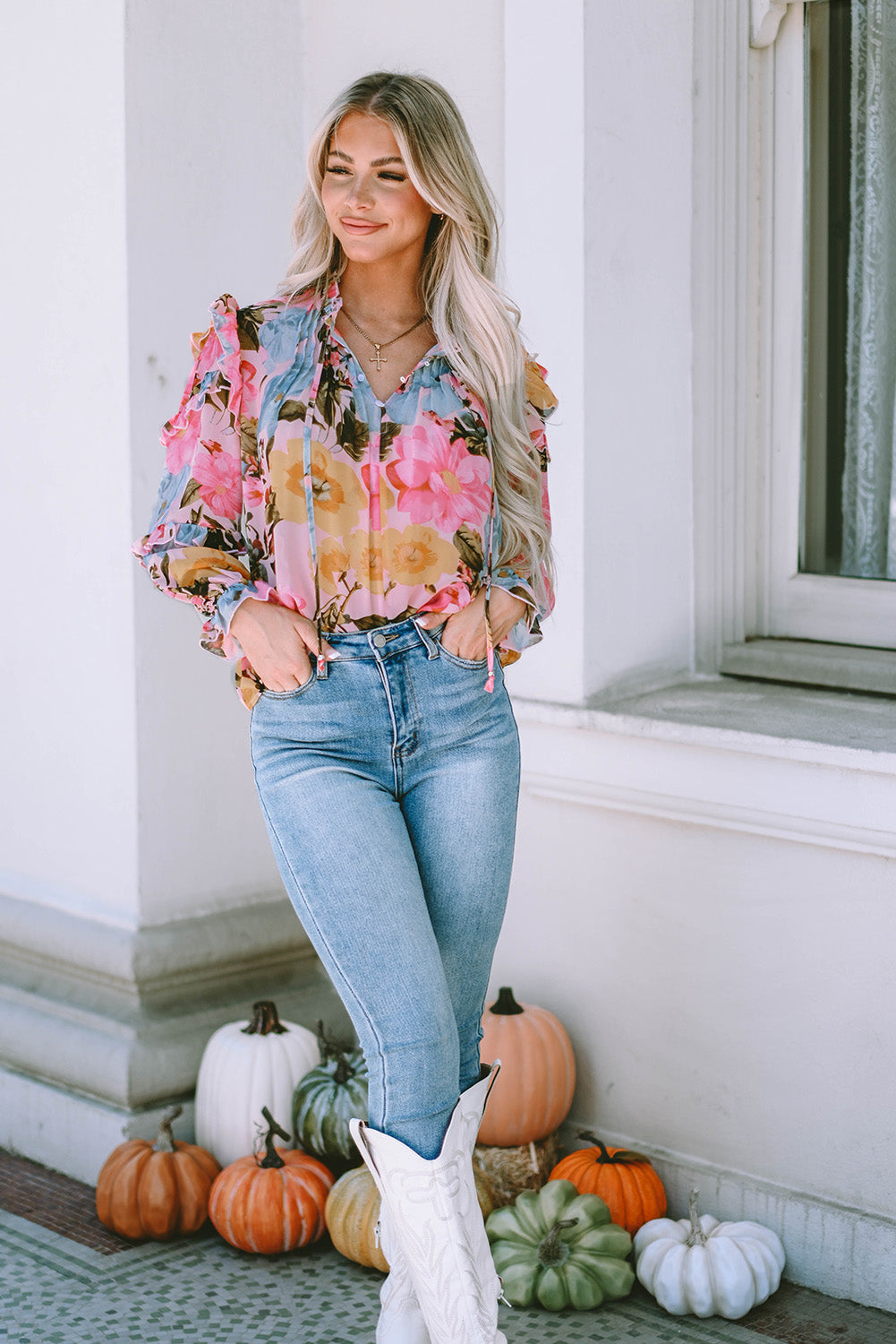 Pink Floral Print Tiered Ruffled Long Sleeve Blouse