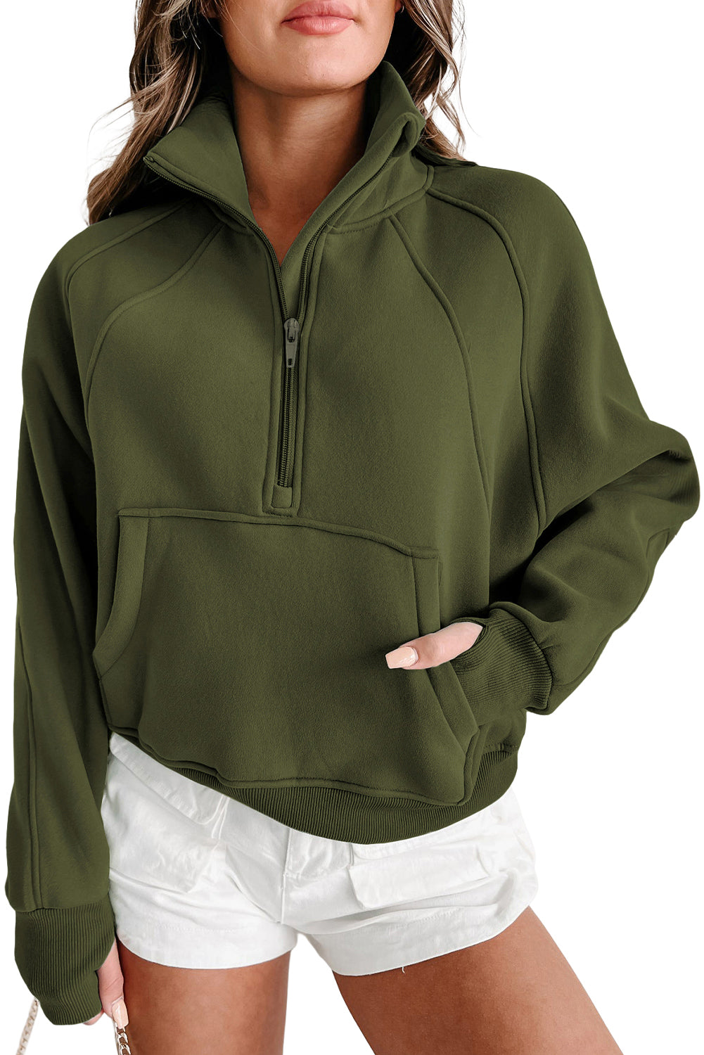 Smoke Green Fleece Lined Zip Up Stand Collar Thumbhole Sleeve Sweatshirt