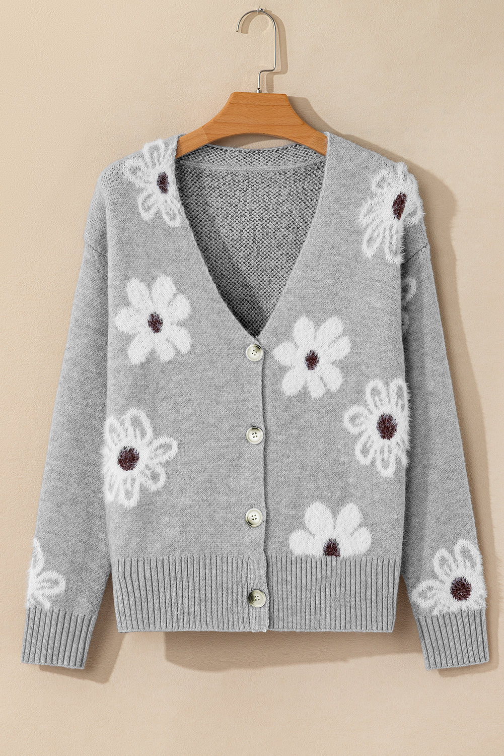 Smoke Gray Floral Print V Neck Knitted Button up Cardigan