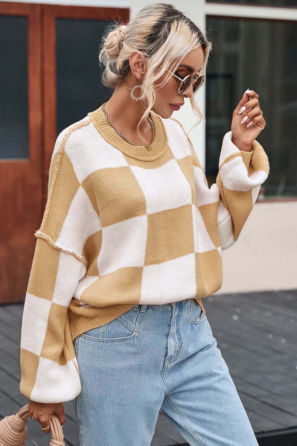 Gray Checkered Bishop Sleeve Sweater