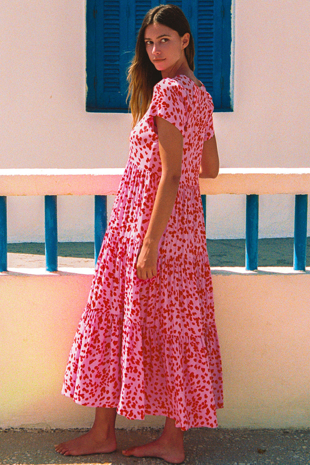 Sky Blue Boho Printed Short Sleeve Flare Tiered Dress